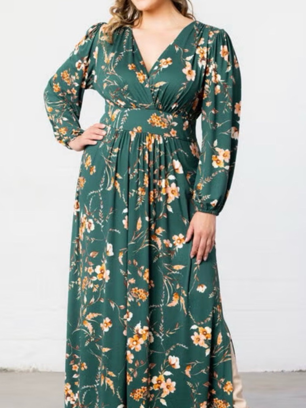 Kiyonna Kelsey Green Floral V-Neck Maxi Dress - Elegant Plus Size